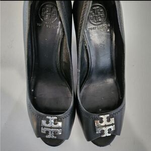 Tory Burch Black Leather Open Toe Heels Size  5.5